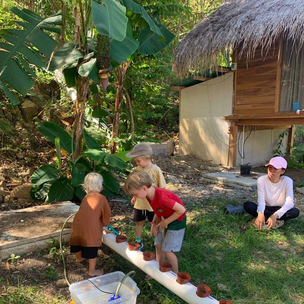 Students tending a hydroponic vegetable garden with a teacher at Selong Bay School