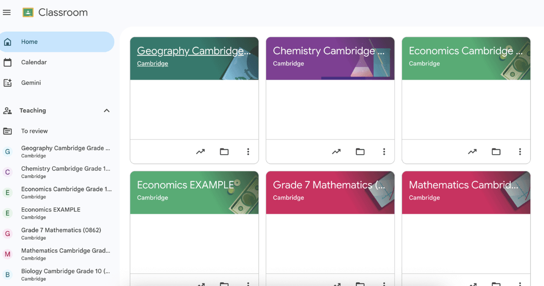 The Google Classroom home screen showing a student's class cards